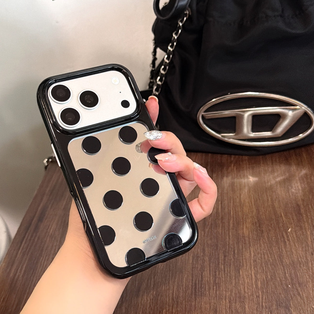 Bold Black & White Polka Dot Mirror iPhone Case | Y2K Space Shell