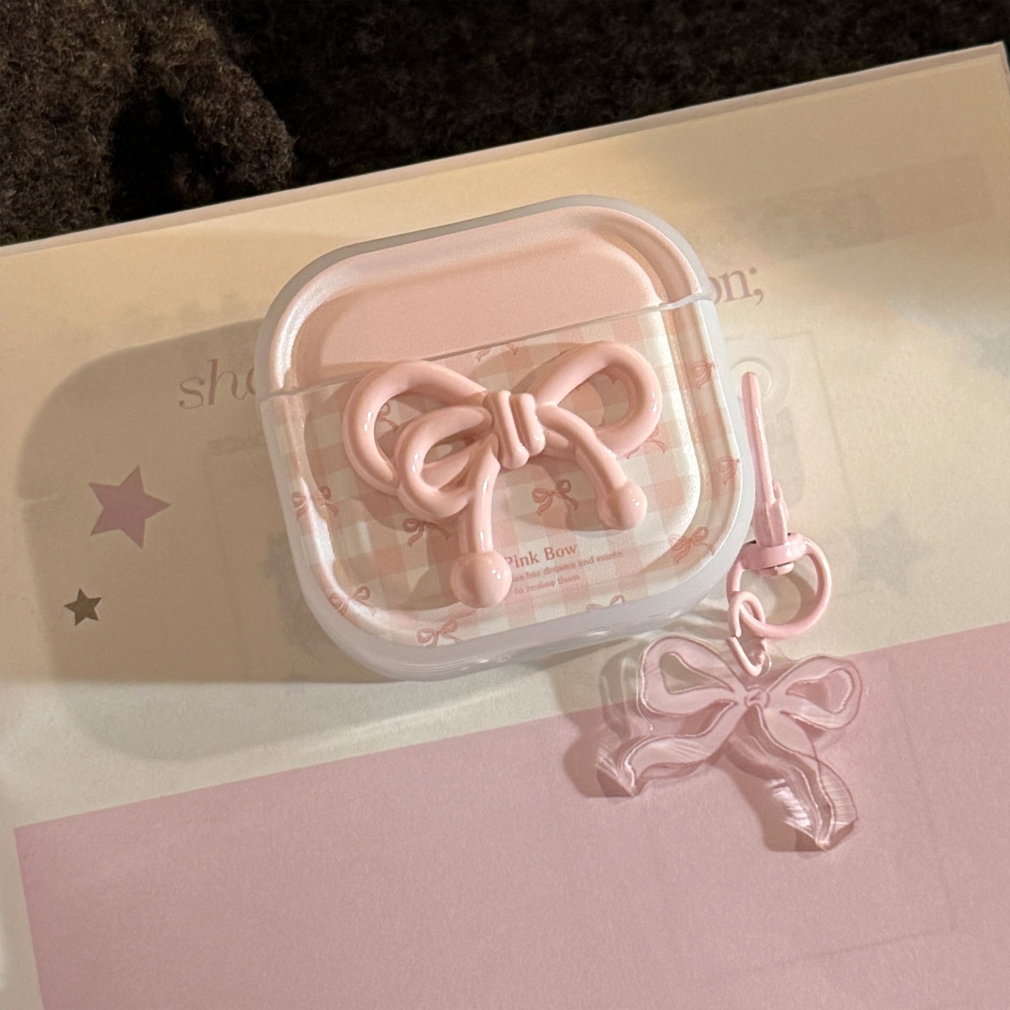 Semi-transparent pink plaid Apple earphone case