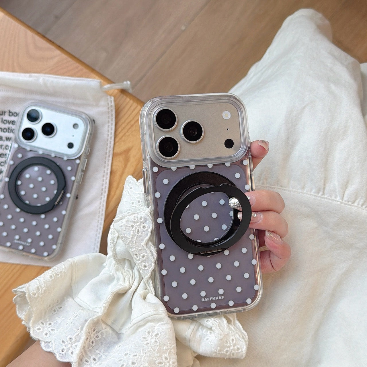 Chic Semi-Transparent Black Polka Dot Case with Integrated Stand