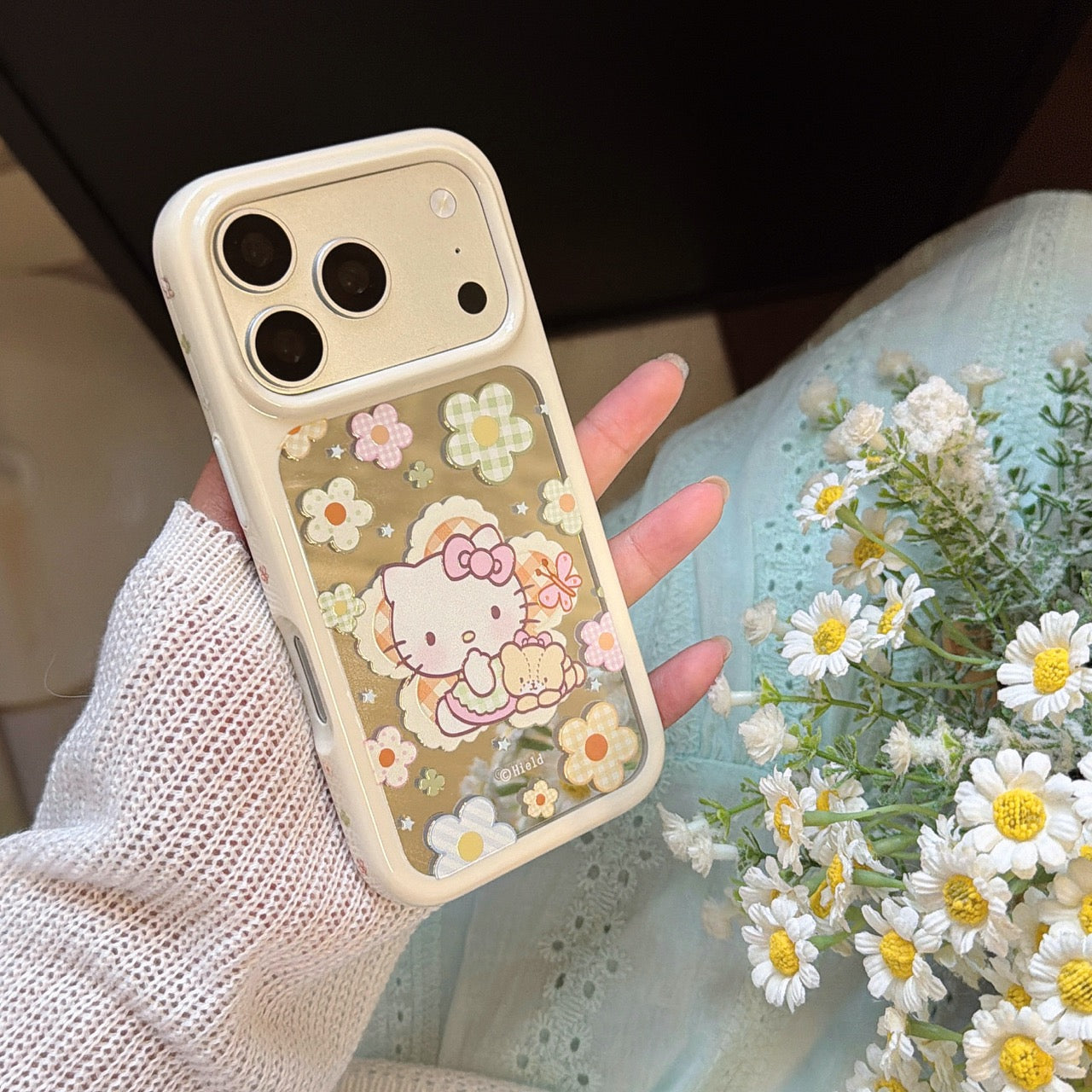 Floral Bear & Kitty Mirror iPhone Case | Y2K Space Shell Edition