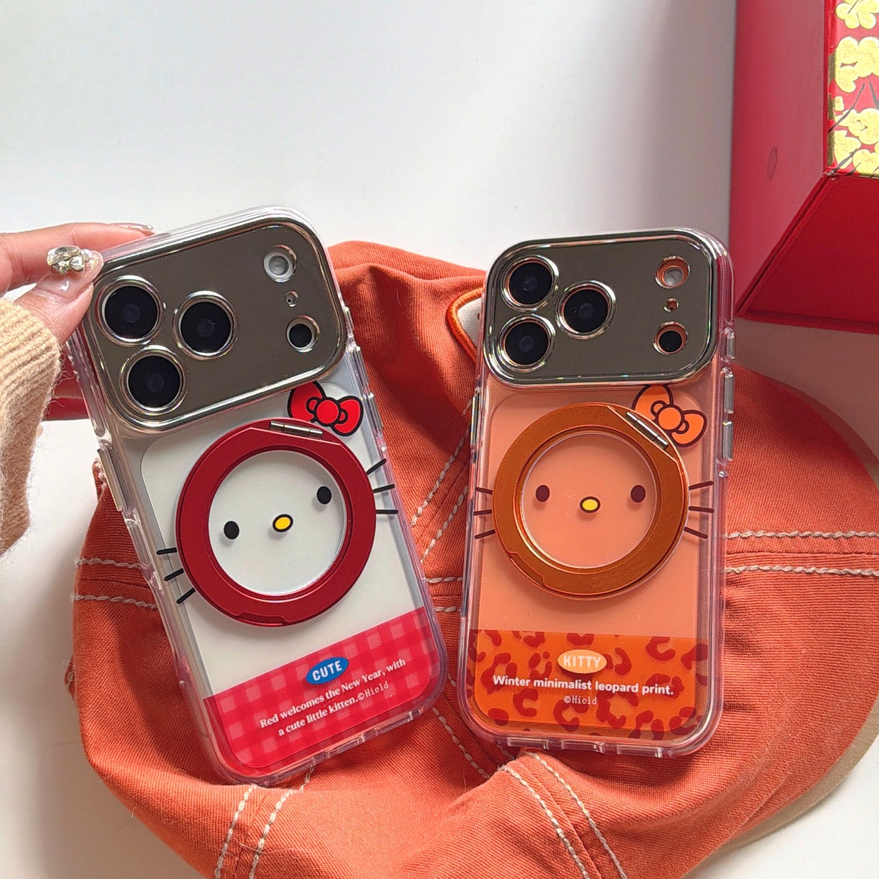 Red & Orange Hello Kitty Emoji Phone Case with Stand for iPhone 13-17 Pro Max