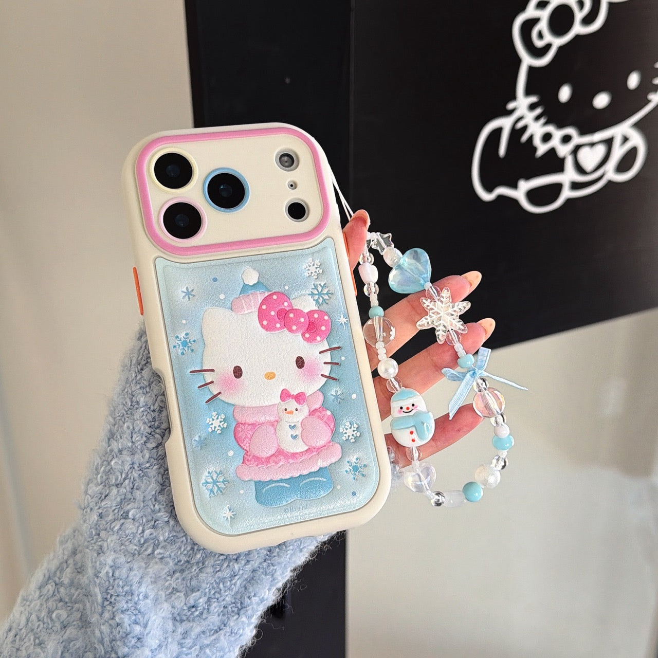 Snowflake hugging a snowman Kitty rounded 3D leather texture phone case