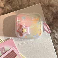 【Wave Earphone Cover】Translucent White Colorful Stars, 3D Purple and Yellow Stars + Light Pink Hanging Ring
