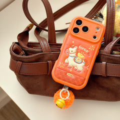 Orange-based 3D Apple phone case with gold ingot and pony design