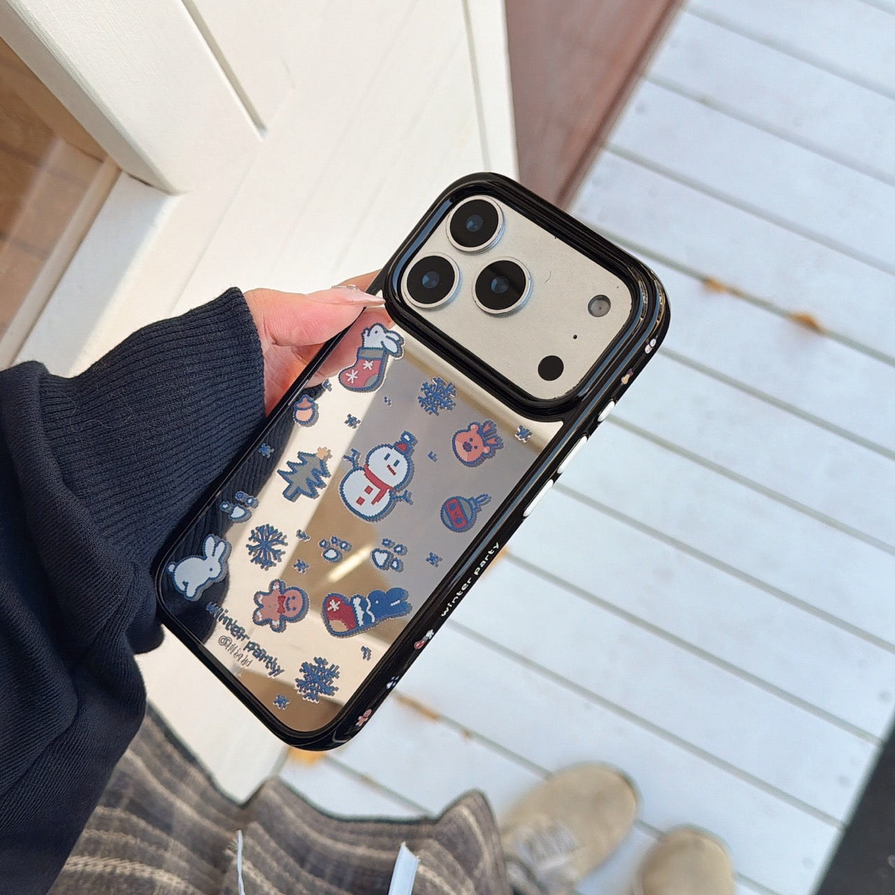 Perler bead winter bunny and snowman side profile mirrored round edge phone case