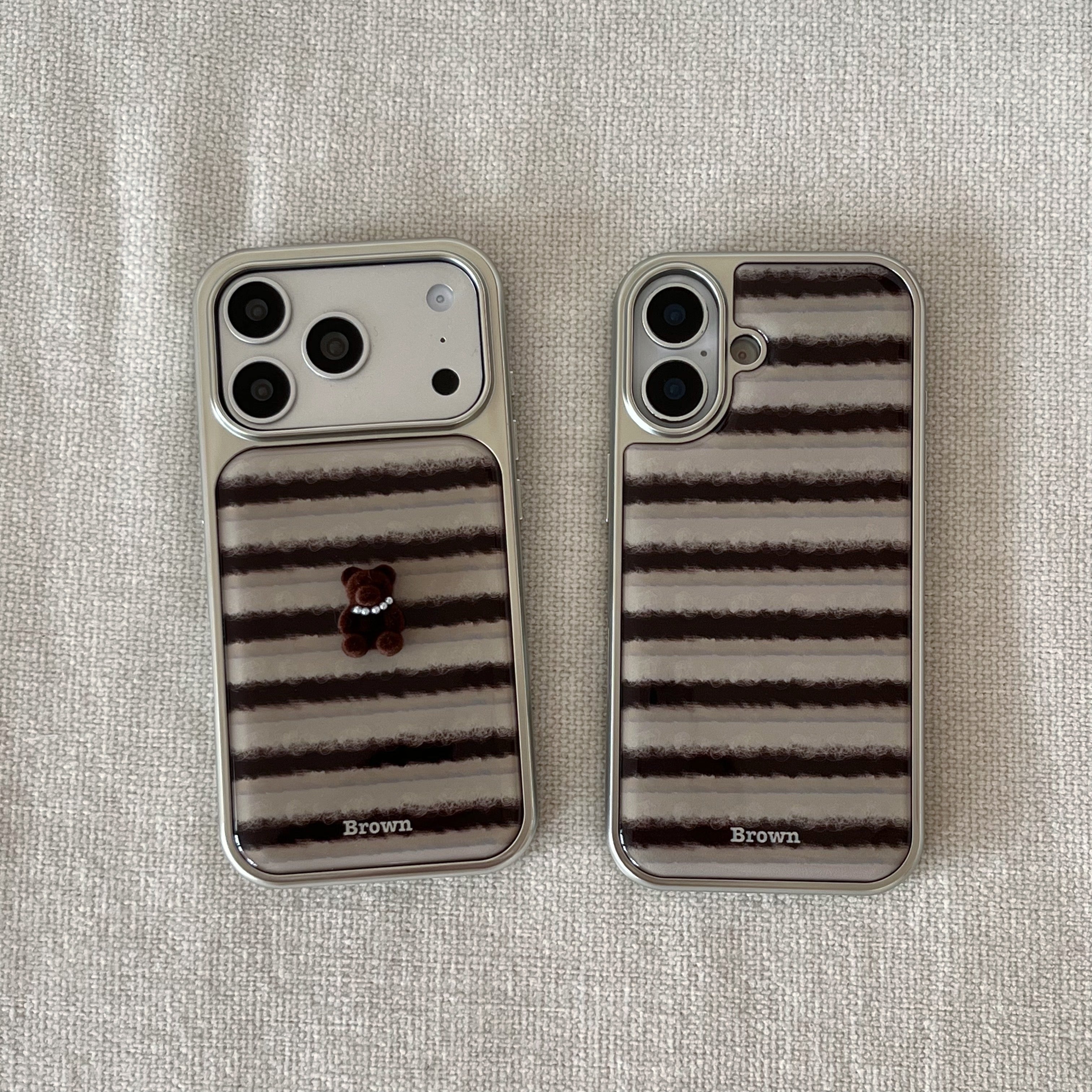 Striped 3D Pearl Bear Phone Case with Silver Edge