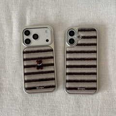 Striped 3D Pearl Bear Phone Case with Silver Edge