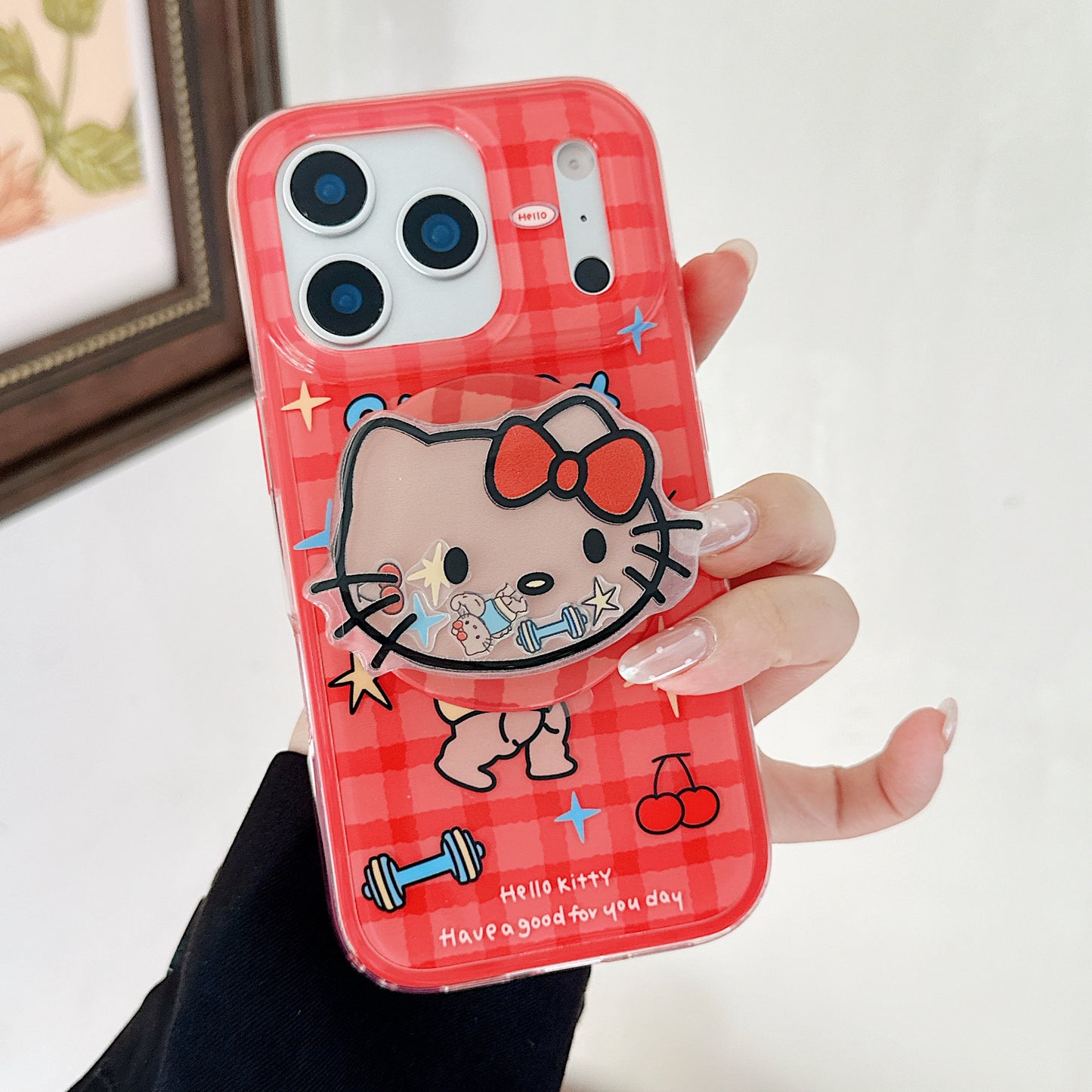 Red plaid Hercules Kitty phone case with magnetic stand
