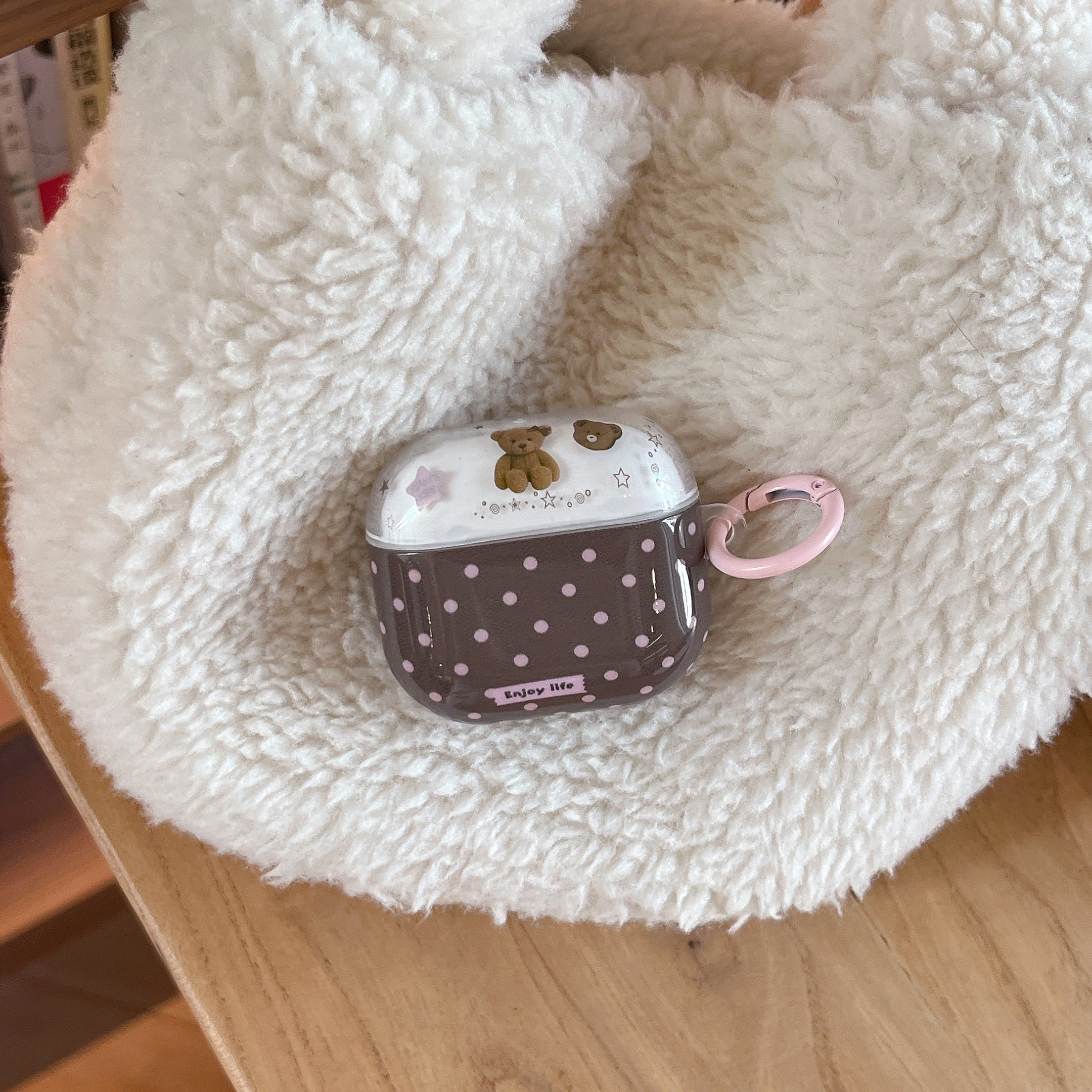 Brown and pink polka dot bear AirPods earphone case