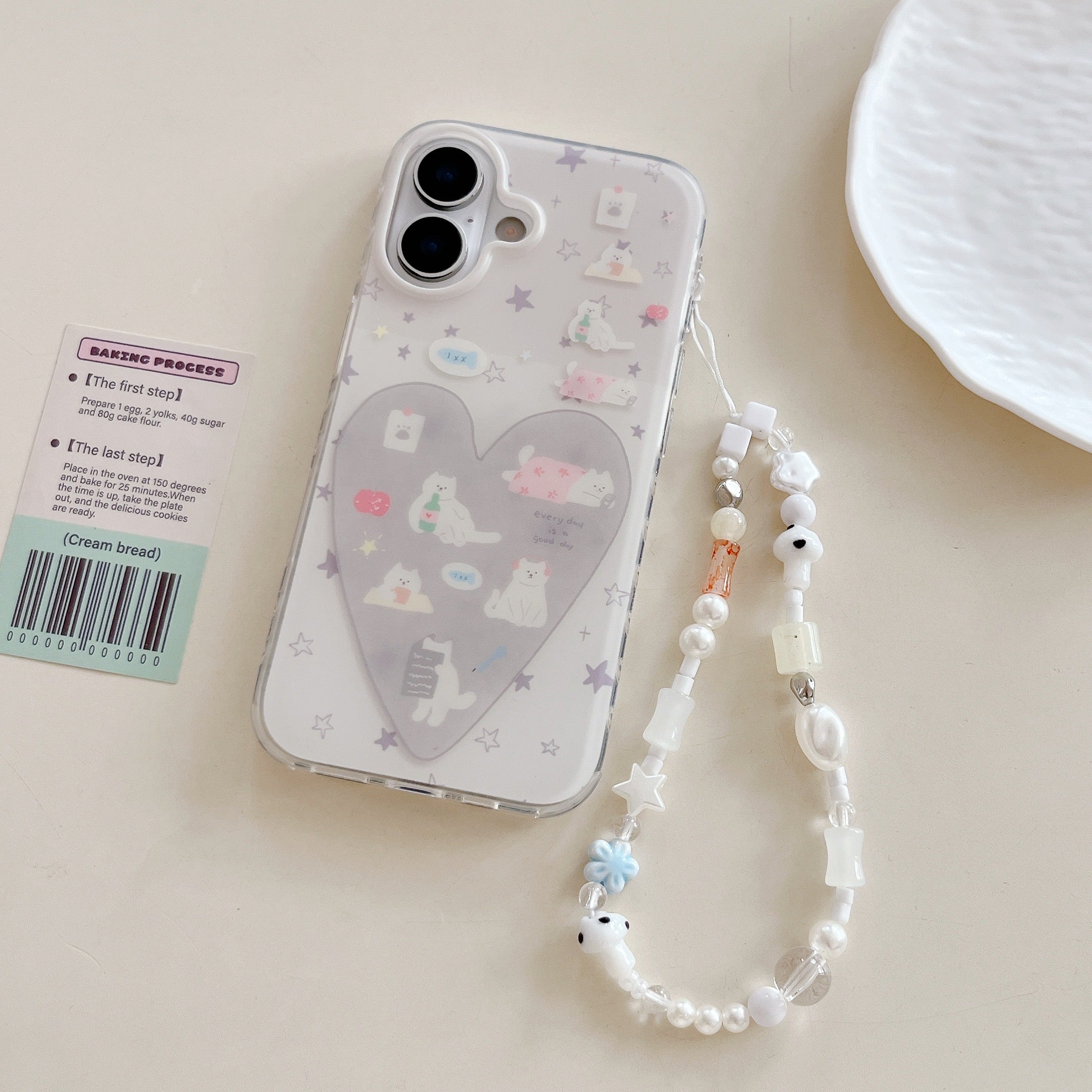 Minimalist Cream Cat Lover Case: Heart Patterned Protective Shell for iPhone 13-17 Series