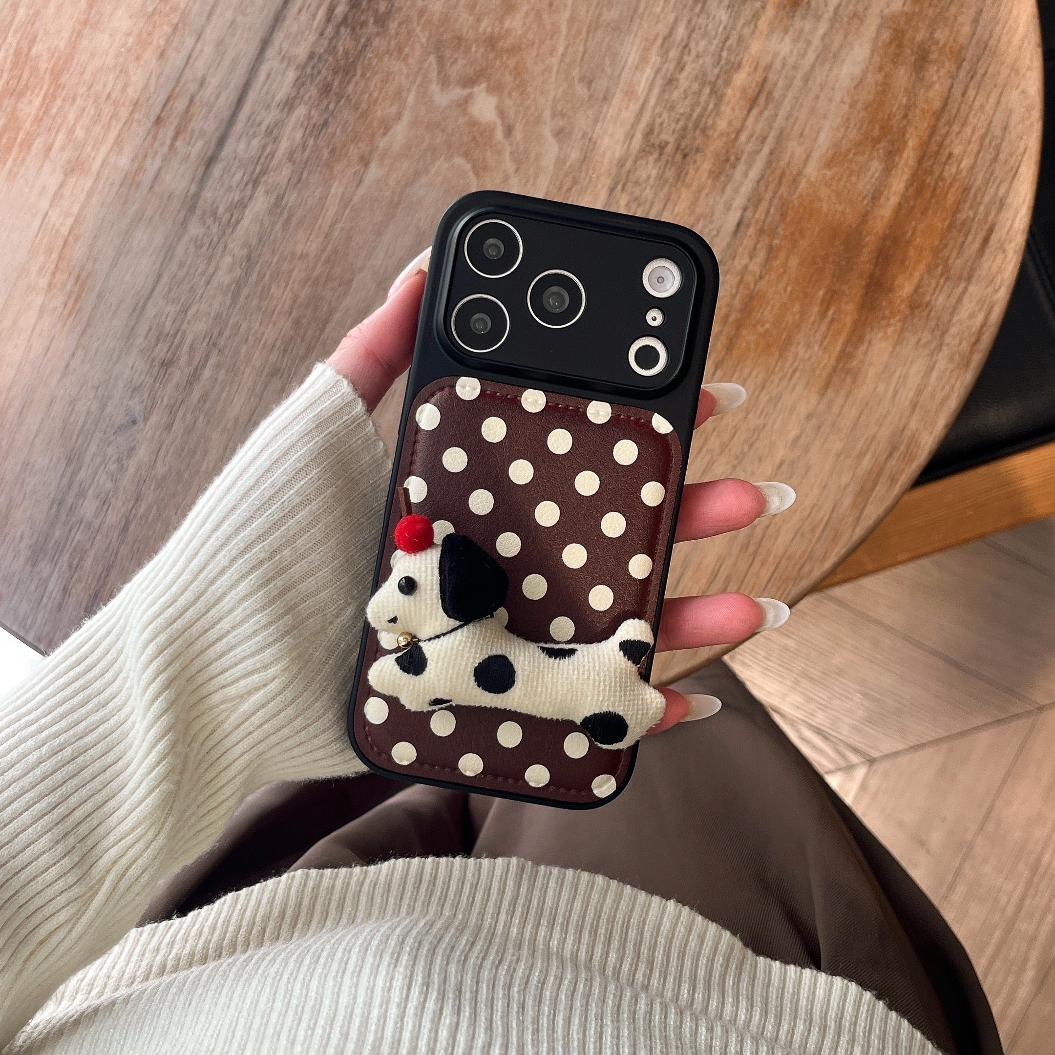 Burgundy polka dot + dog-shaped stand with large window phone case