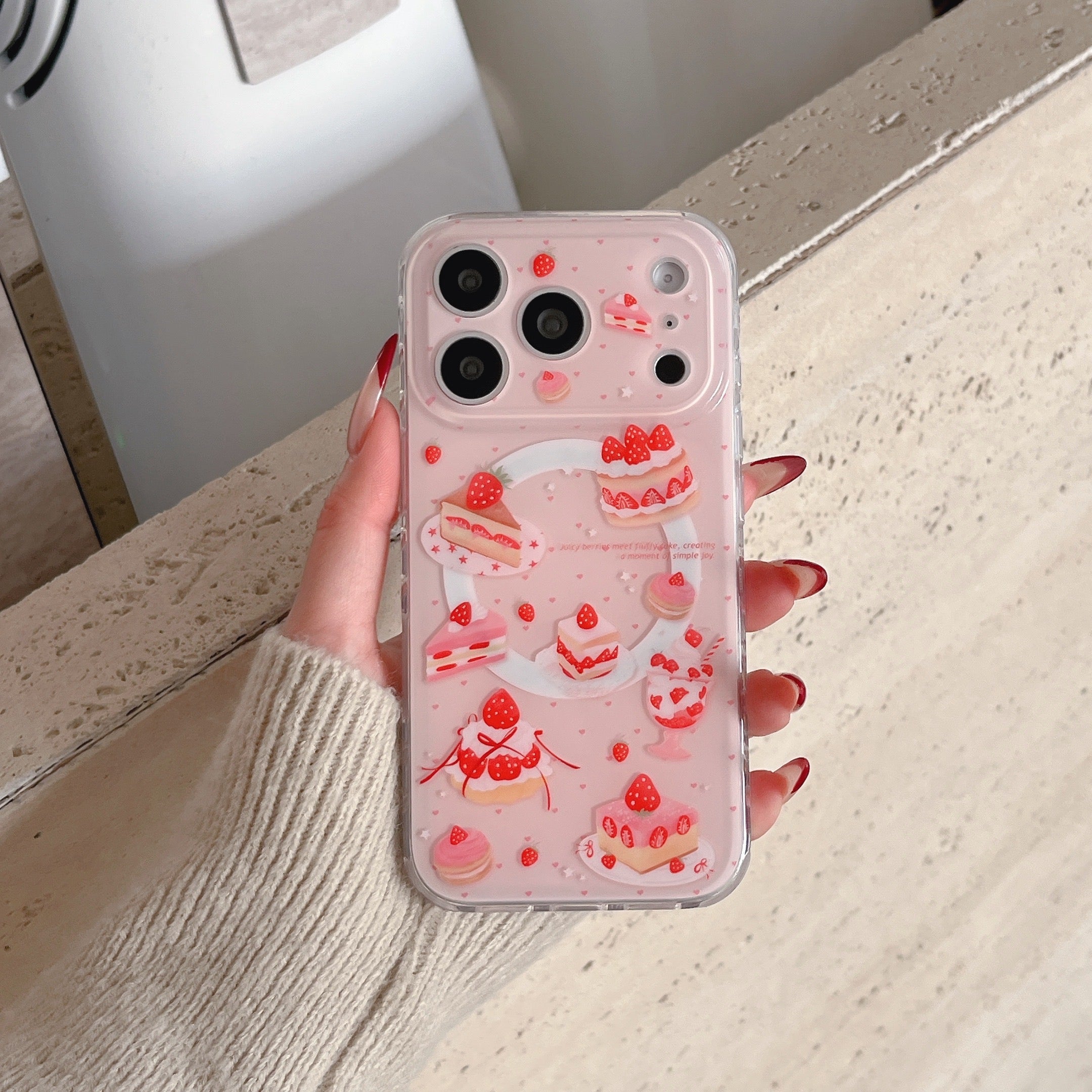 Blush Tone Full Print Strawberry Cake Shaker Phone Case for iPhone 13-17 Pro Max