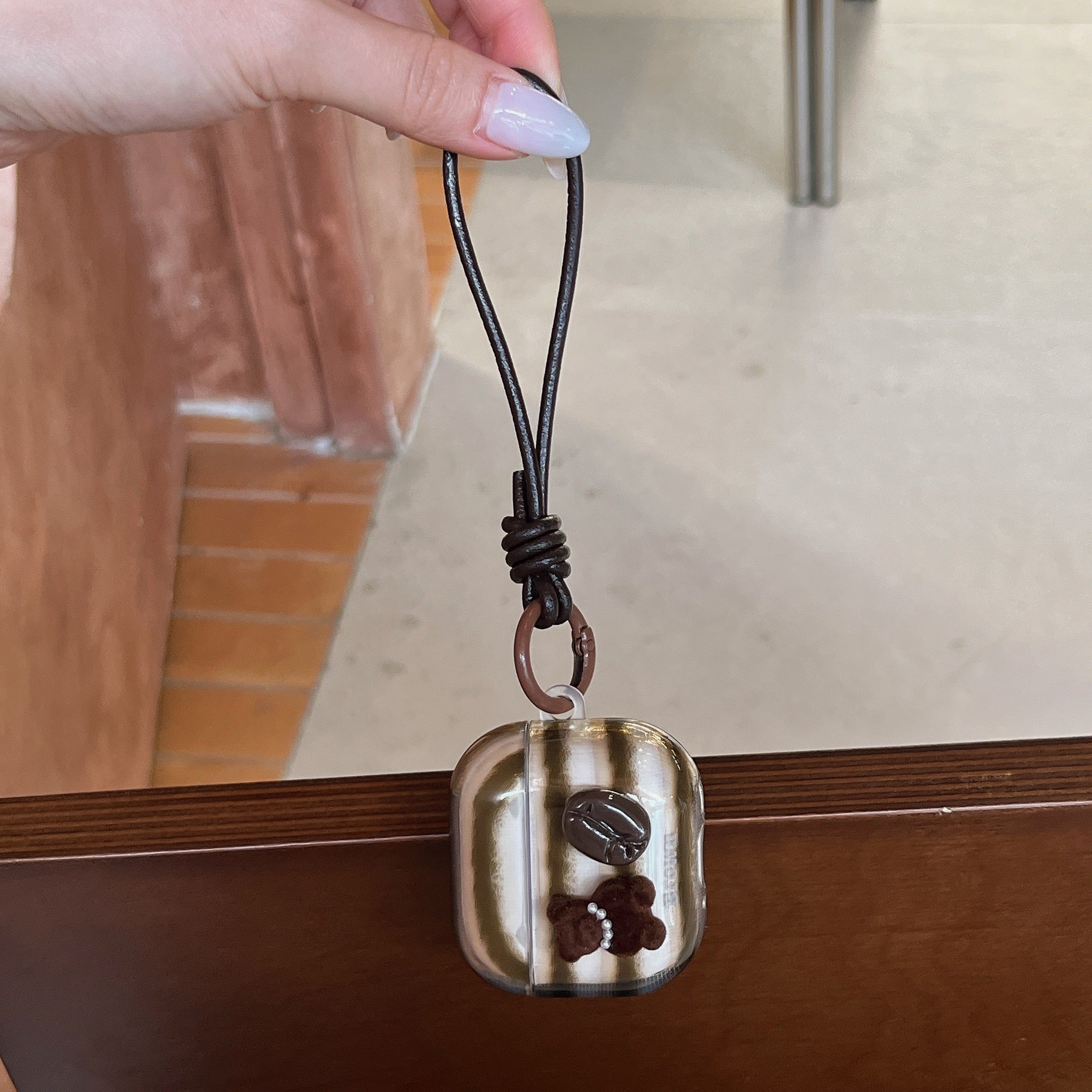 Retro striped coffee bean bear earphone case