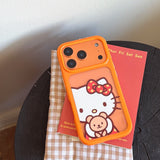 Load image into Gallery viewer, Orange-bordered Kitty hugging a bear rounded phone case