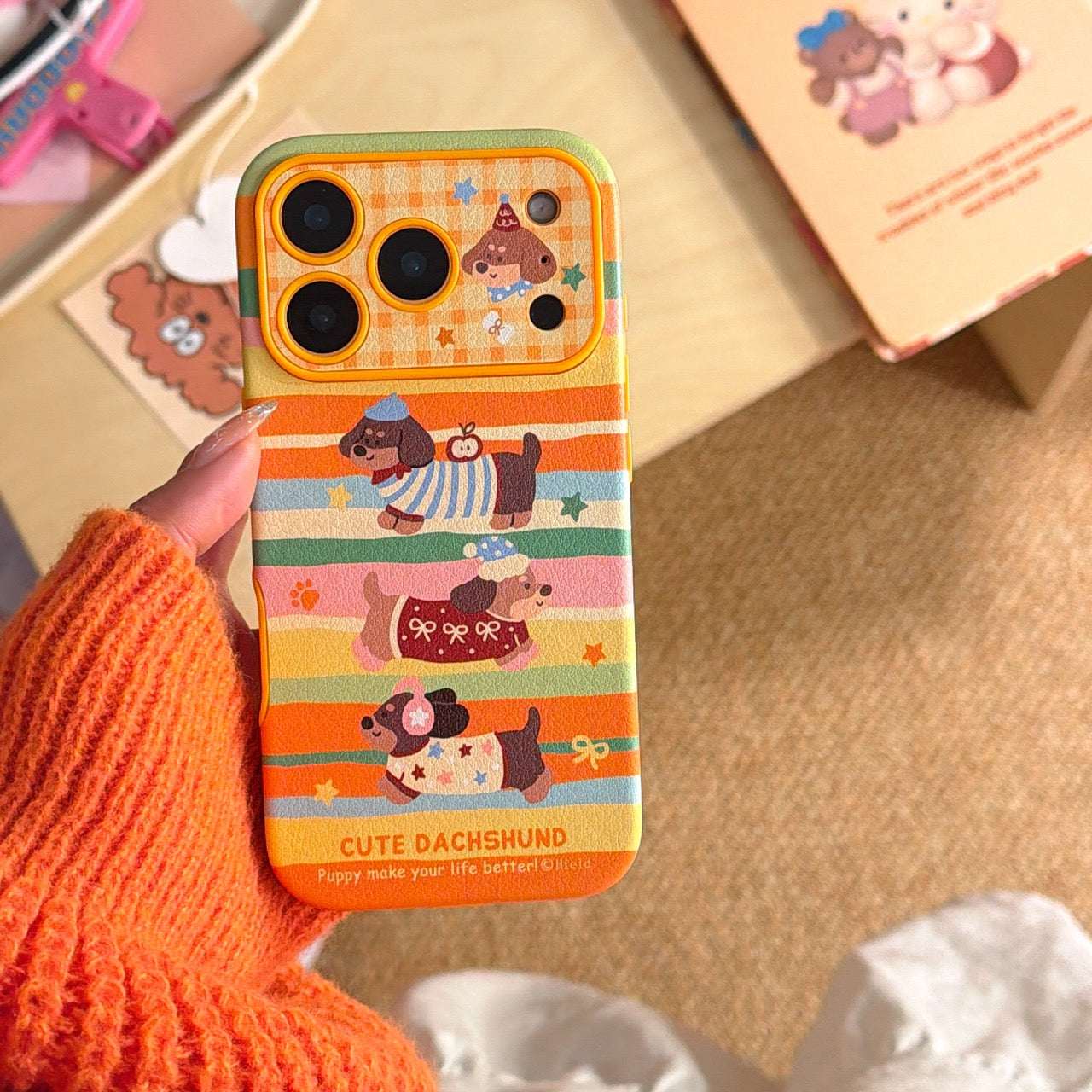 Colorful striped three dachshund phone case