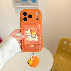 Orange-based 3D Apple phone case with gold ingot and pony design