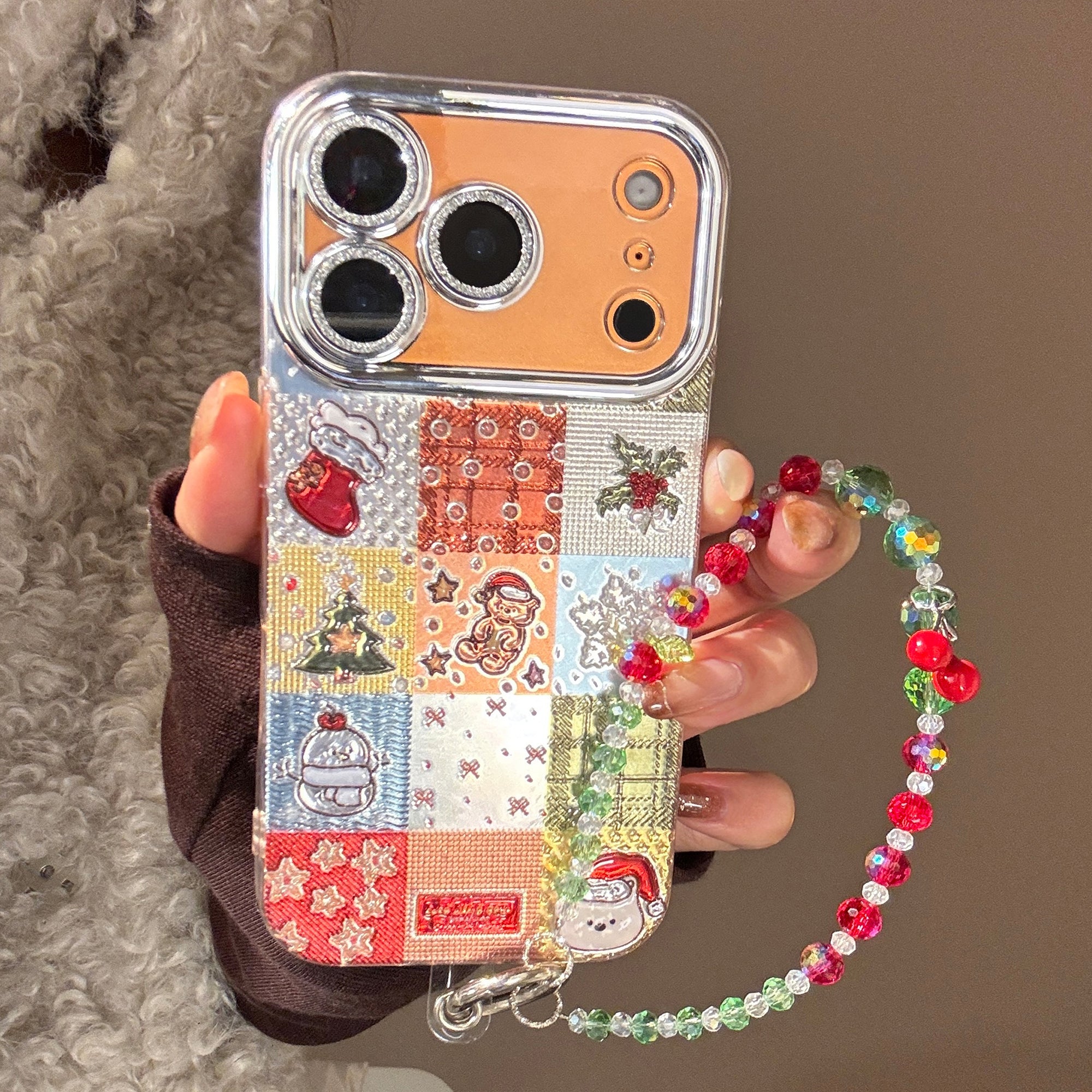 【Glittery Glaze】Silver Sandalwood Checkered Christmas Phone Case