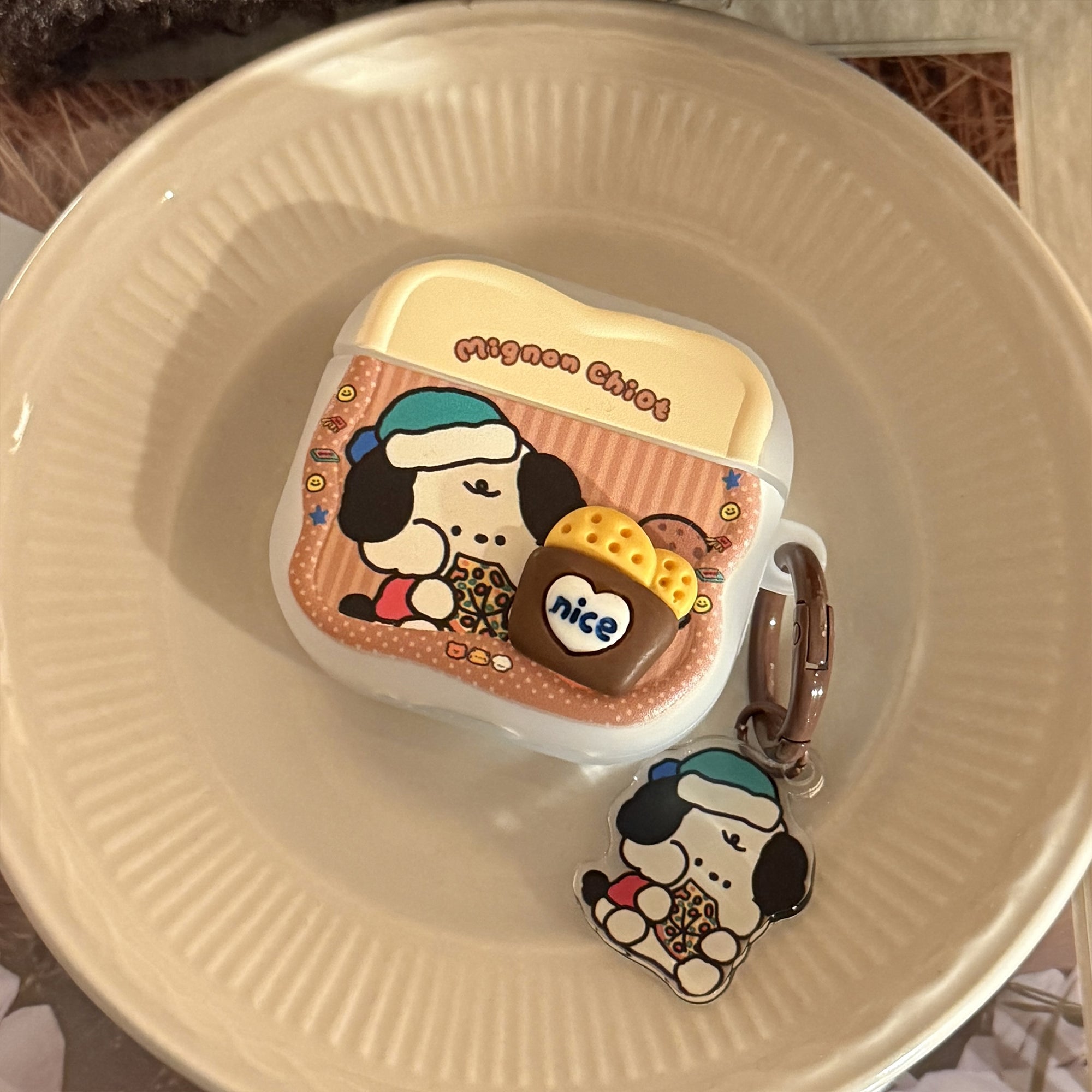 [Wave-shaped AirPods Earphone Cover] Translucent White 3D Biscuit Bag Dog + Brown Pizza Dog Hanging Ring