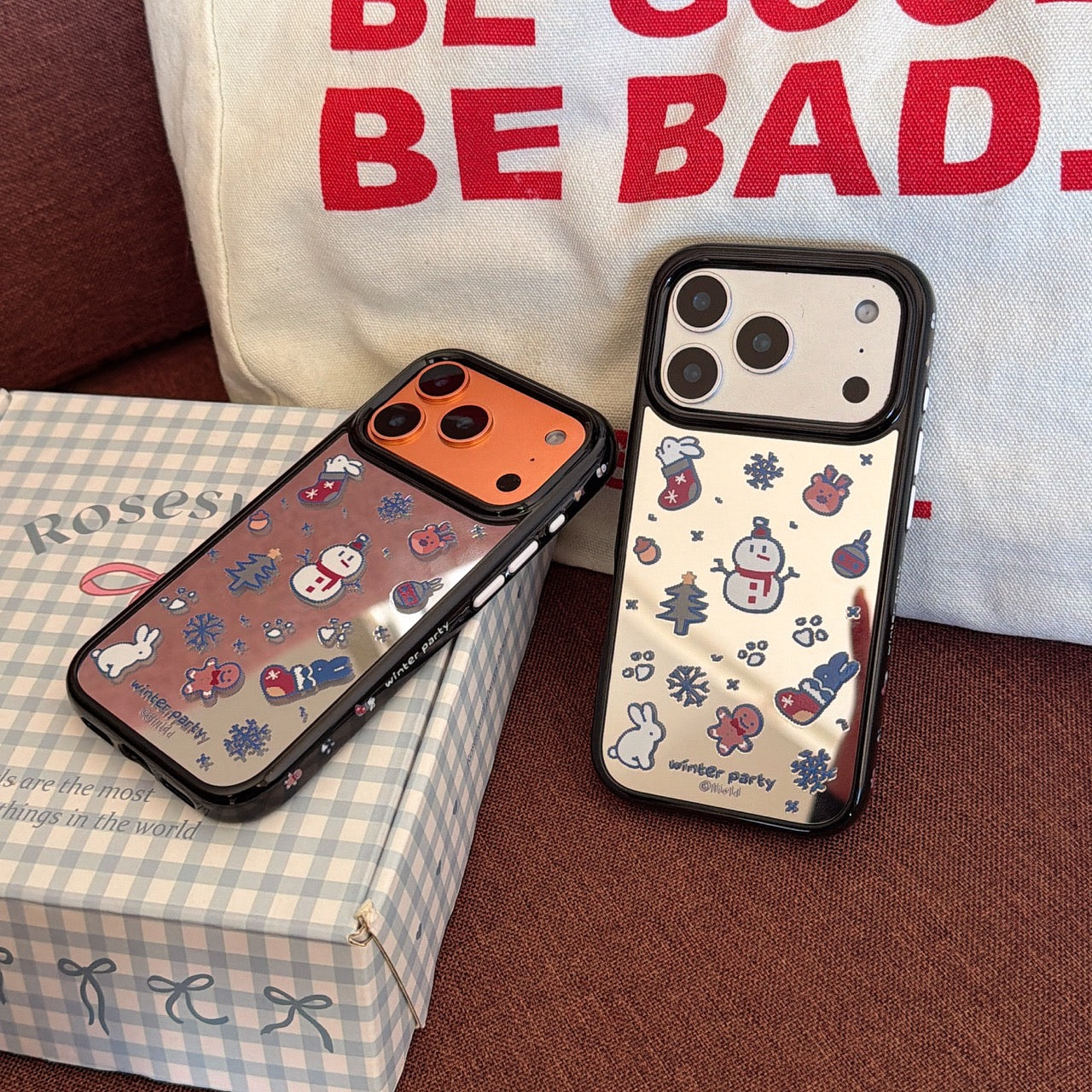 Perler bead winter bunny and snowman side profile mirrored round edge phone case