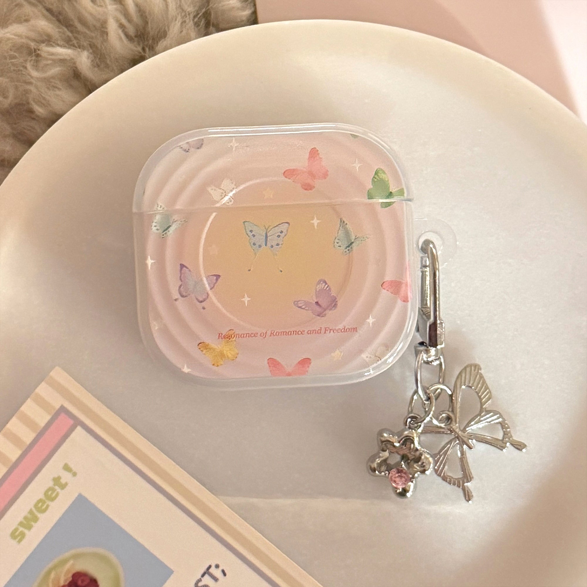 Semi-transparent purple iridescent butterfly pattern wave-shaped earphone cover