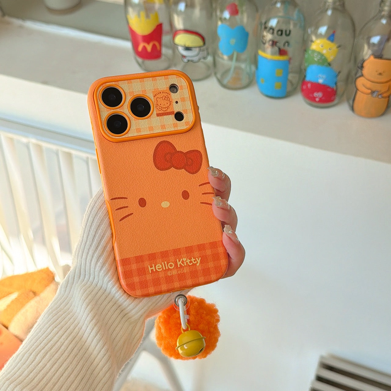 Orange plaid Kitty emoji large window phone case