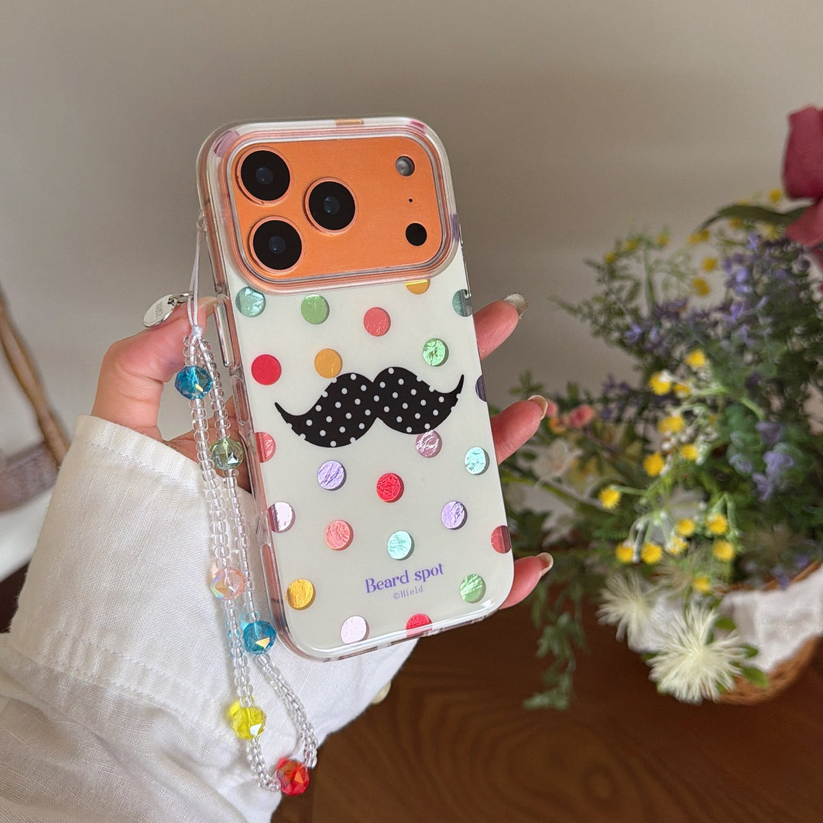 Retro Polka Dot Moustache Character Case | Quirky Aesthetic Shell