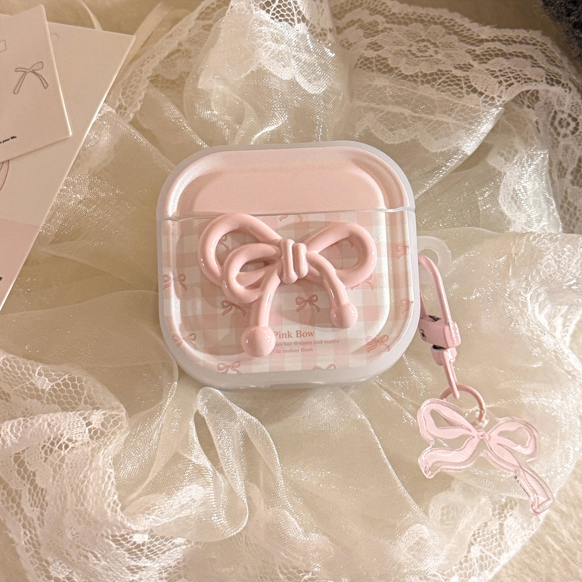 Semi-transparent pink plaid Apple earphone case