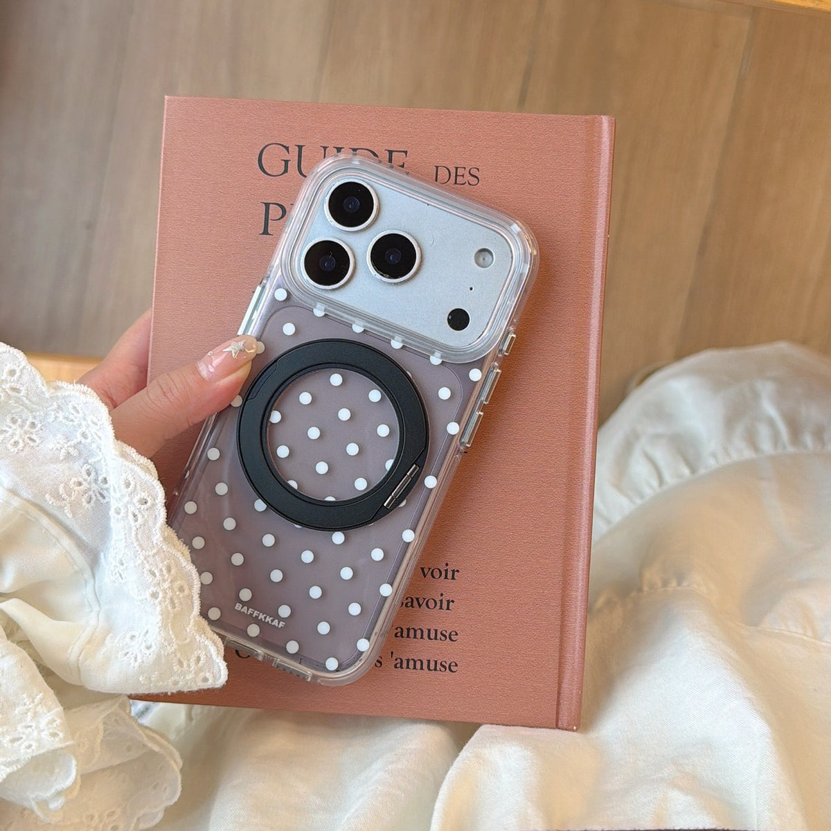 Chic Semi-Transparent Black Polka Dot Case with Integrated Stand