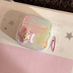【Wave Earphone Cover】Translucent White Colorful Stars, 3D Purple and Yellow Stars + Light Pink Hanging Ring