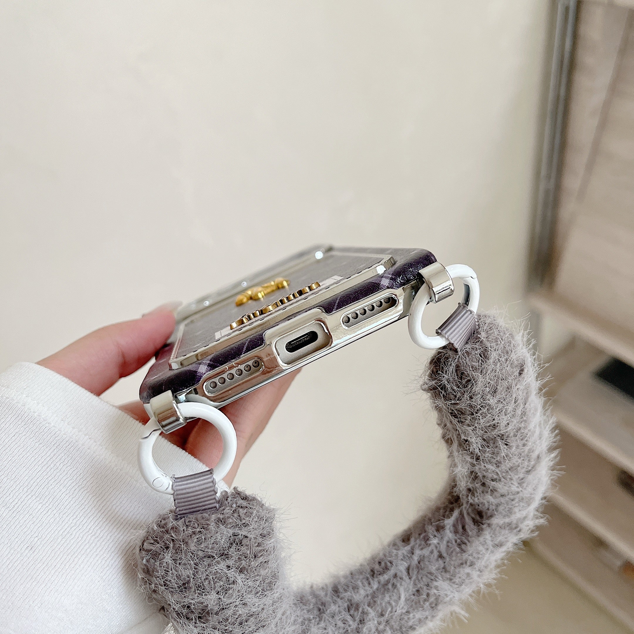 Blue checkered pony leather phone case