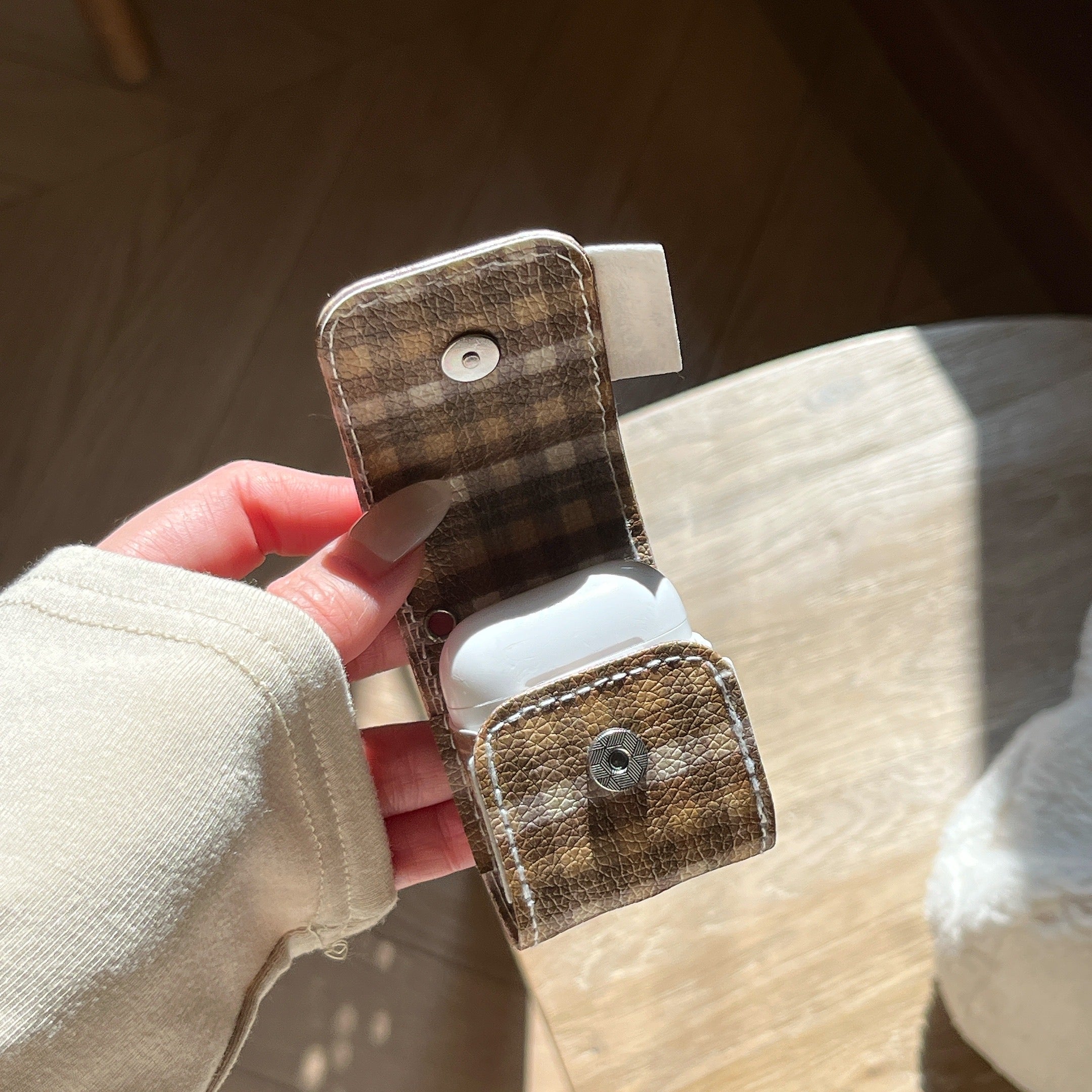 Brown plaid plush bear leather bag and earphone cover