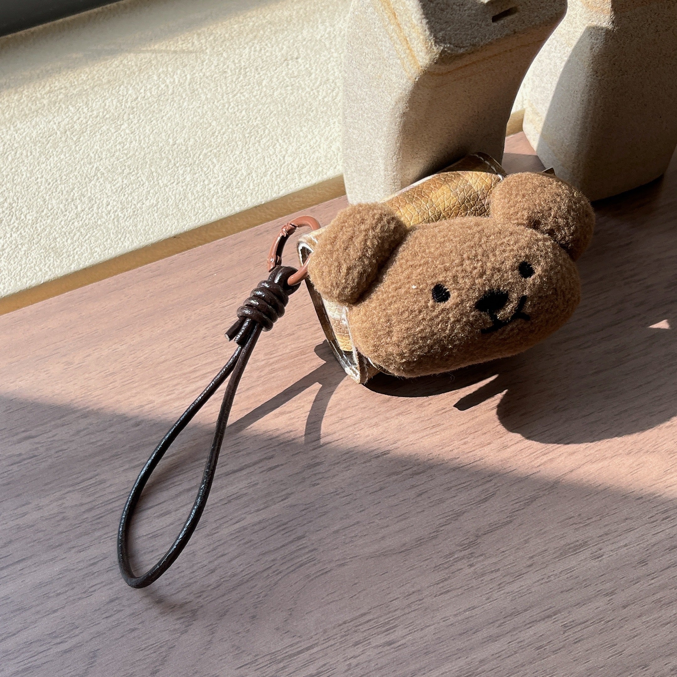 Brown plaid plush bear leather bag and earphone cover