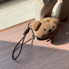 Brown plaid plush bear leather bag and earphone cover