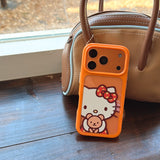 Load image into Gallery viewer, Orange-bordered Kitty hugging a bear rounded phone case
