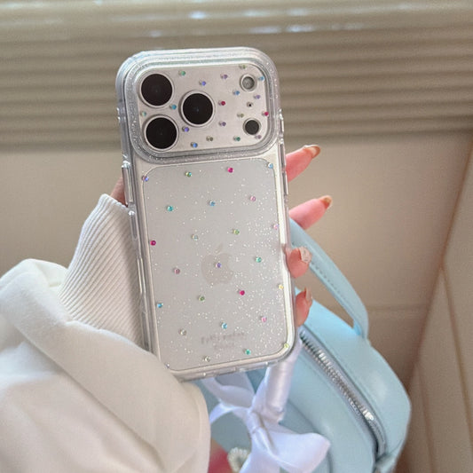 Luxury Rhinestone Star & Polka Dot iPhone Case with Integrated Lens Protector | Gilded Round Edge Shockproof Cover for iPhone 17 16 15 14 13 Pro Max