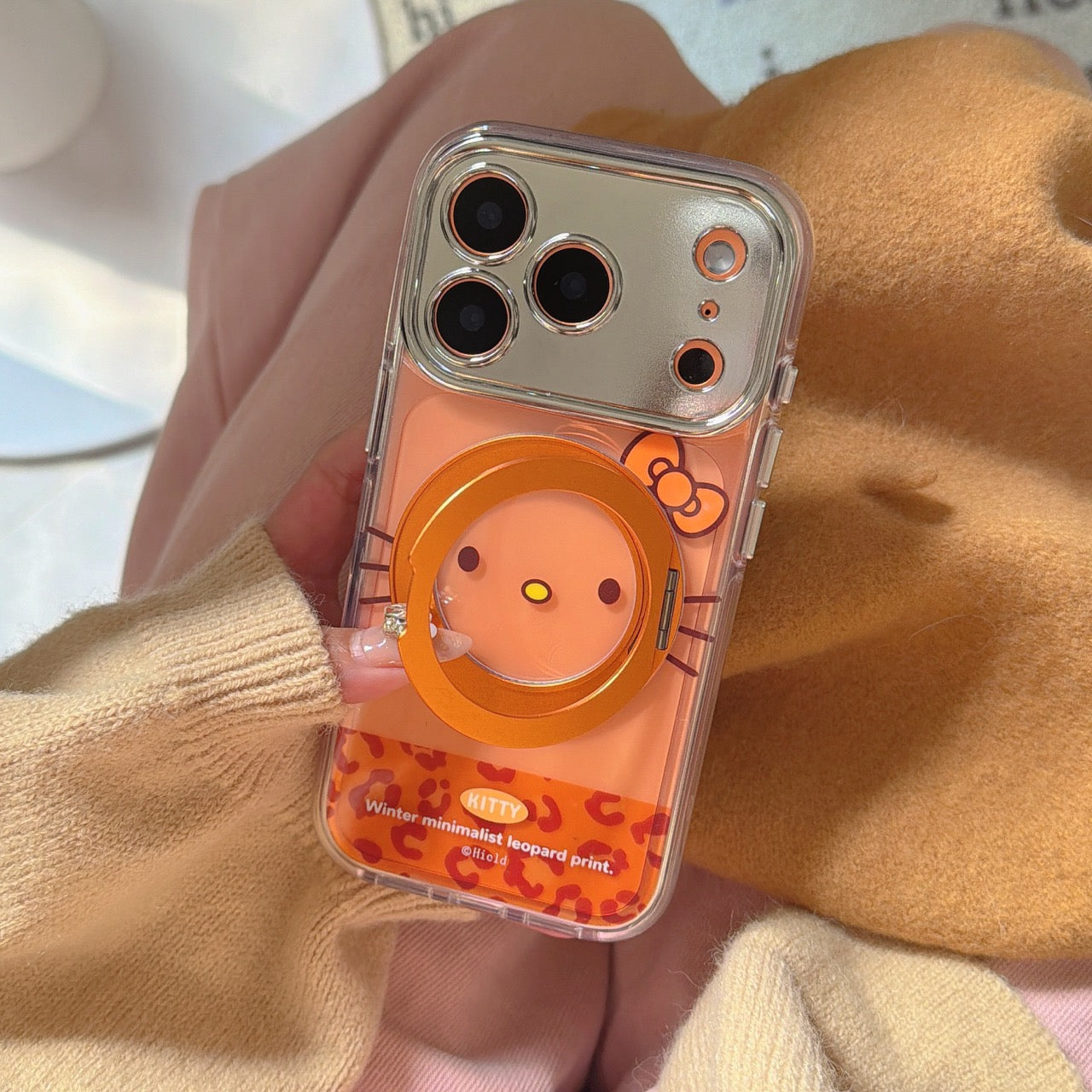 Red & Orange Hello Kitty Emoji Phone Case with Stand for iPhone 13-17 Pro Max