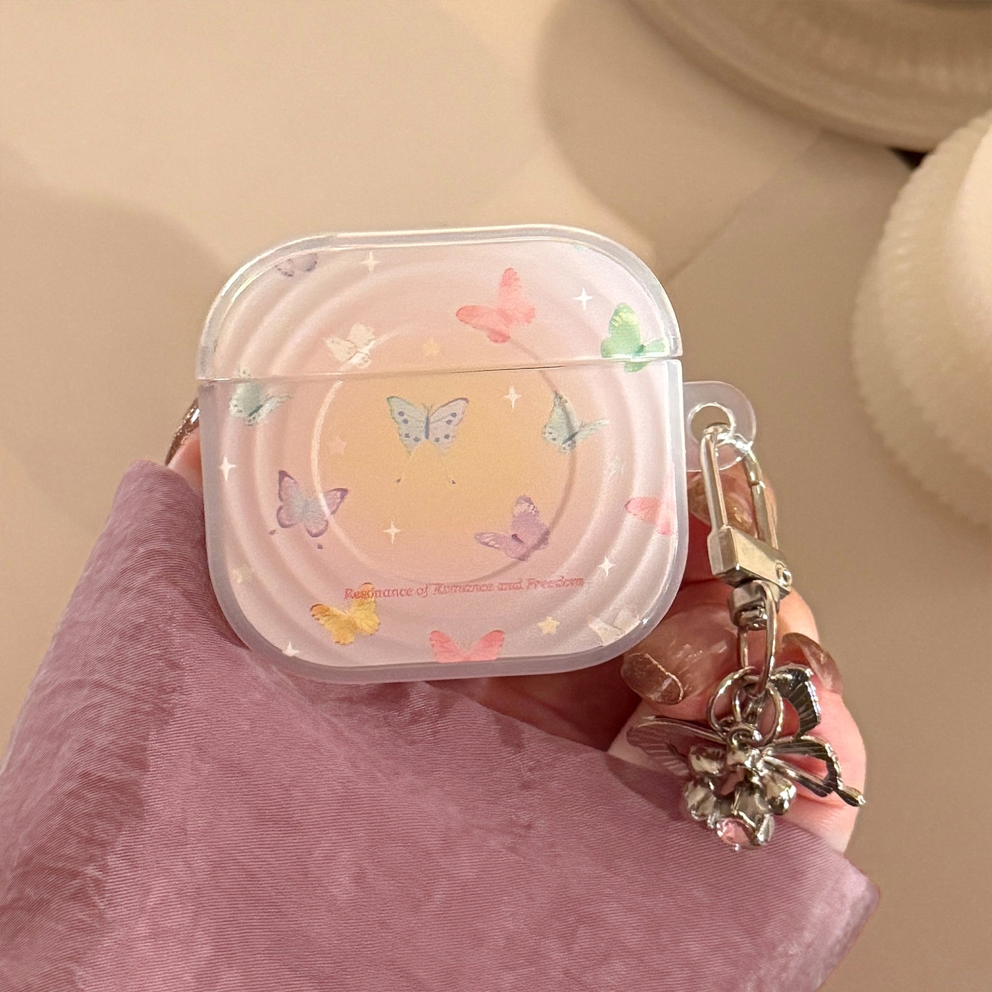 Semi-transparent purple iridescent butterfly pattern wave-shaped earphone cover