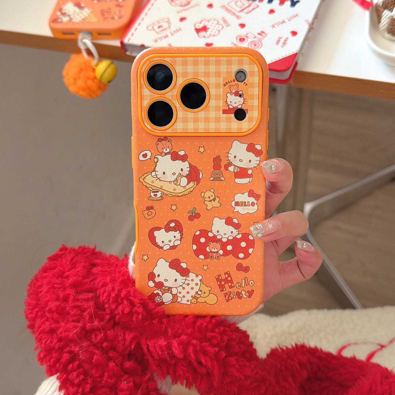 Orange polka dot Apple Kitty large window phone case