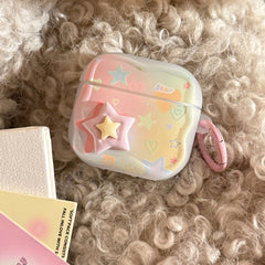 【Wave Earphone Cover】Translucent White Colorful Stars, 3D Purple and Yellow Stars + Light Pink Hanging Ring