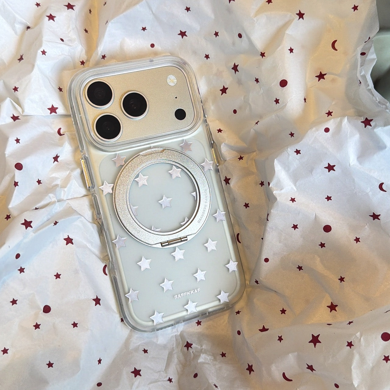 Semi-Transparent Silver Star Case | 360° Kickstand & Gold Trim