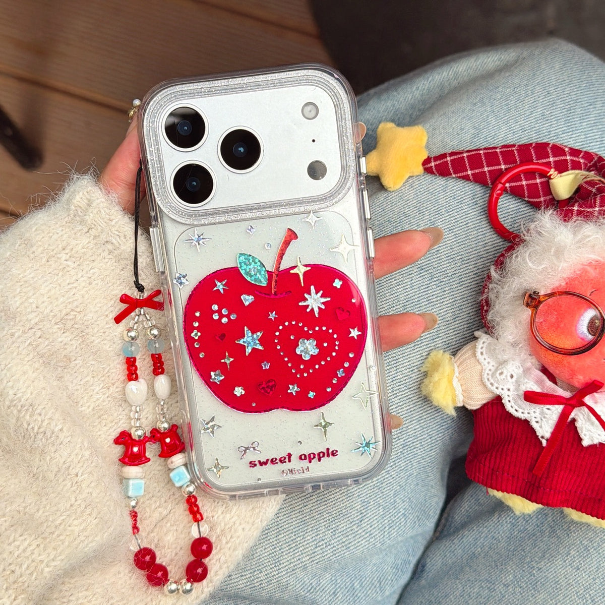 Sparkly Glitter Clear Red Apple Phone Case for iPhone 13-17 Pro Max