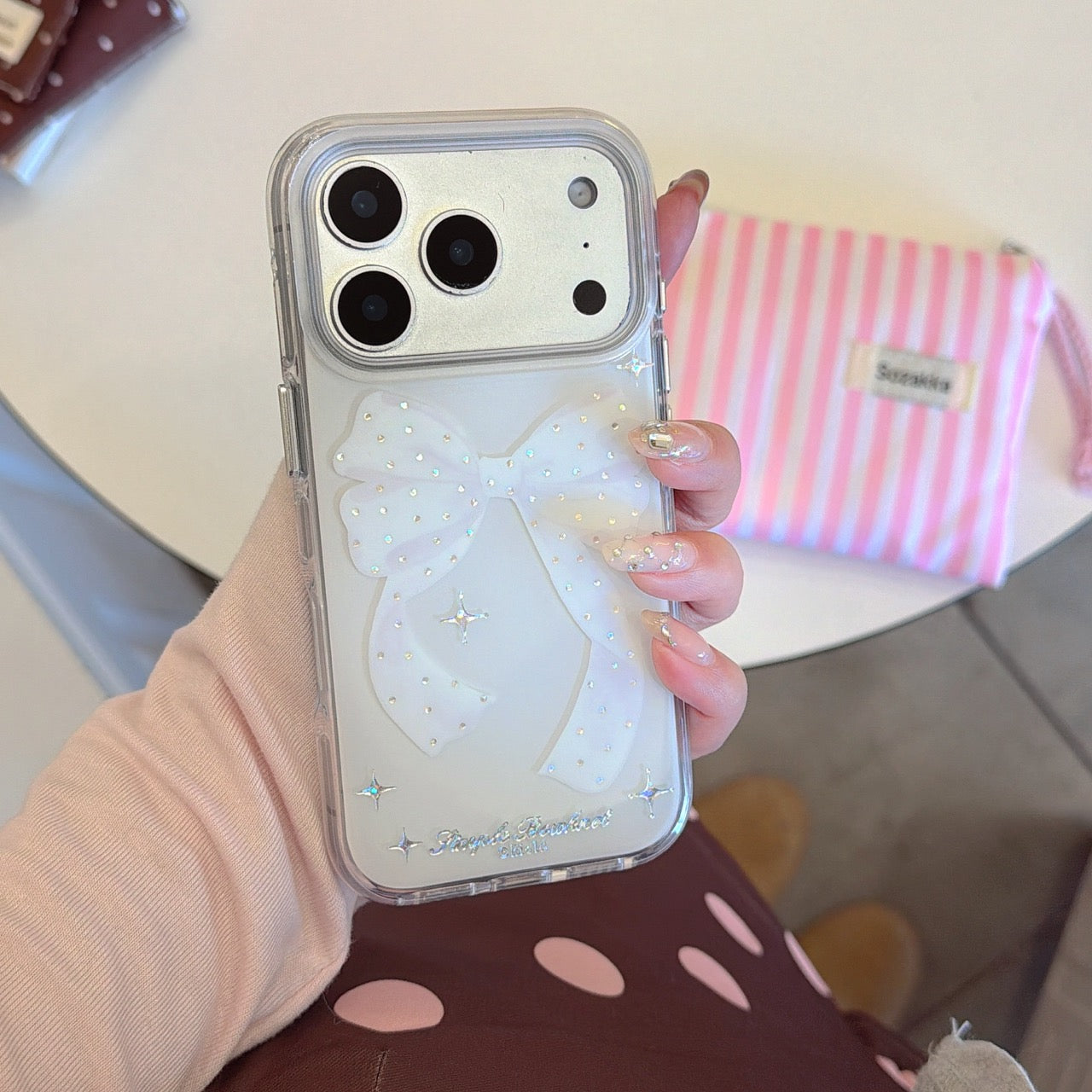 Minimalist Soft Ribbon & Diamond Accents Case: Premium Protection for iPhone 13-17 Series