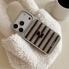 Striped 3D Pearl Bear Phone Case with Silver Edge
