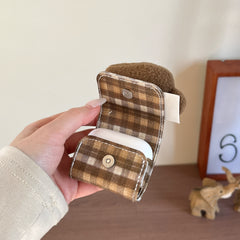 Brown plaid plush bear leather bag and earphone cover