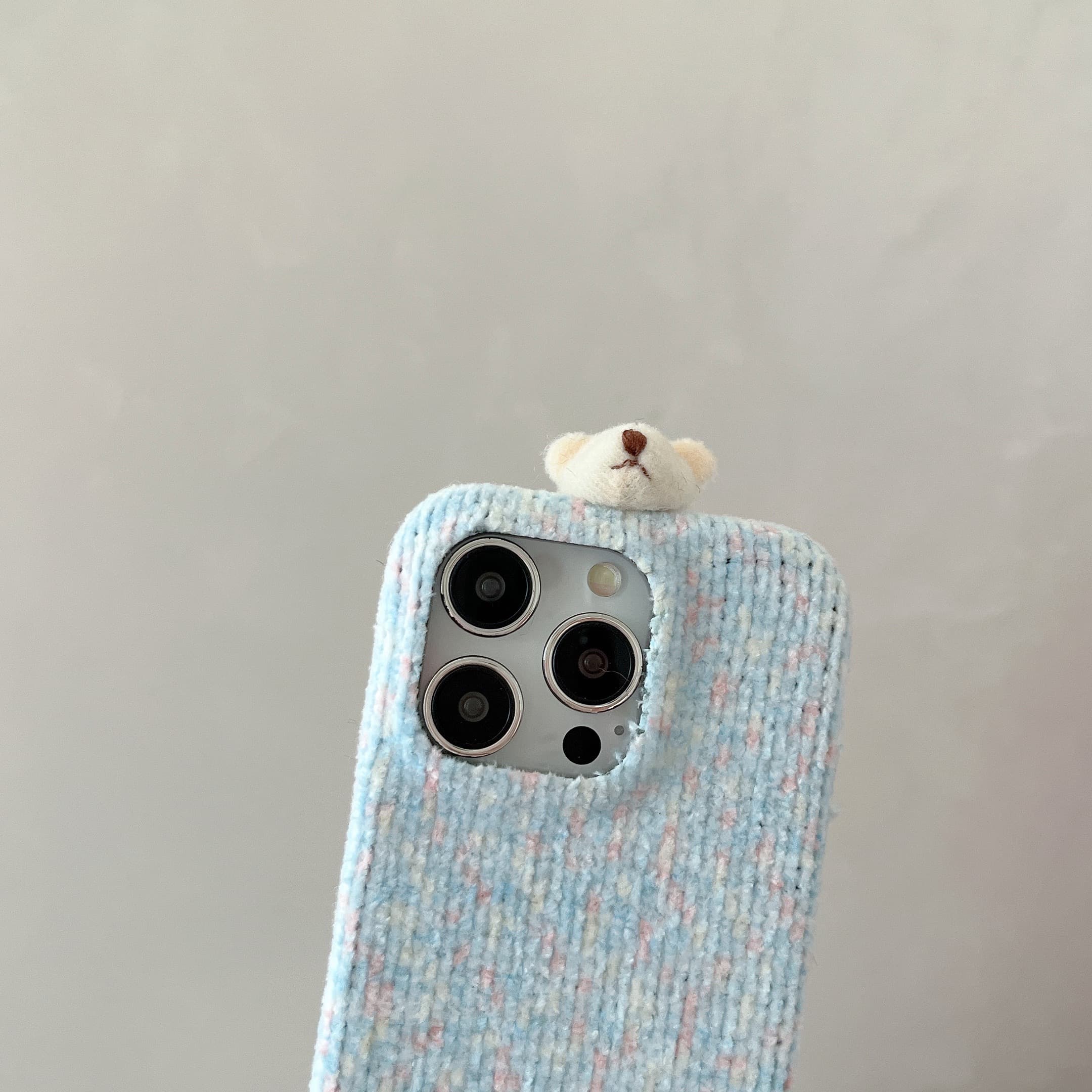 Two-tone corduroy bear and rabbit head phone case