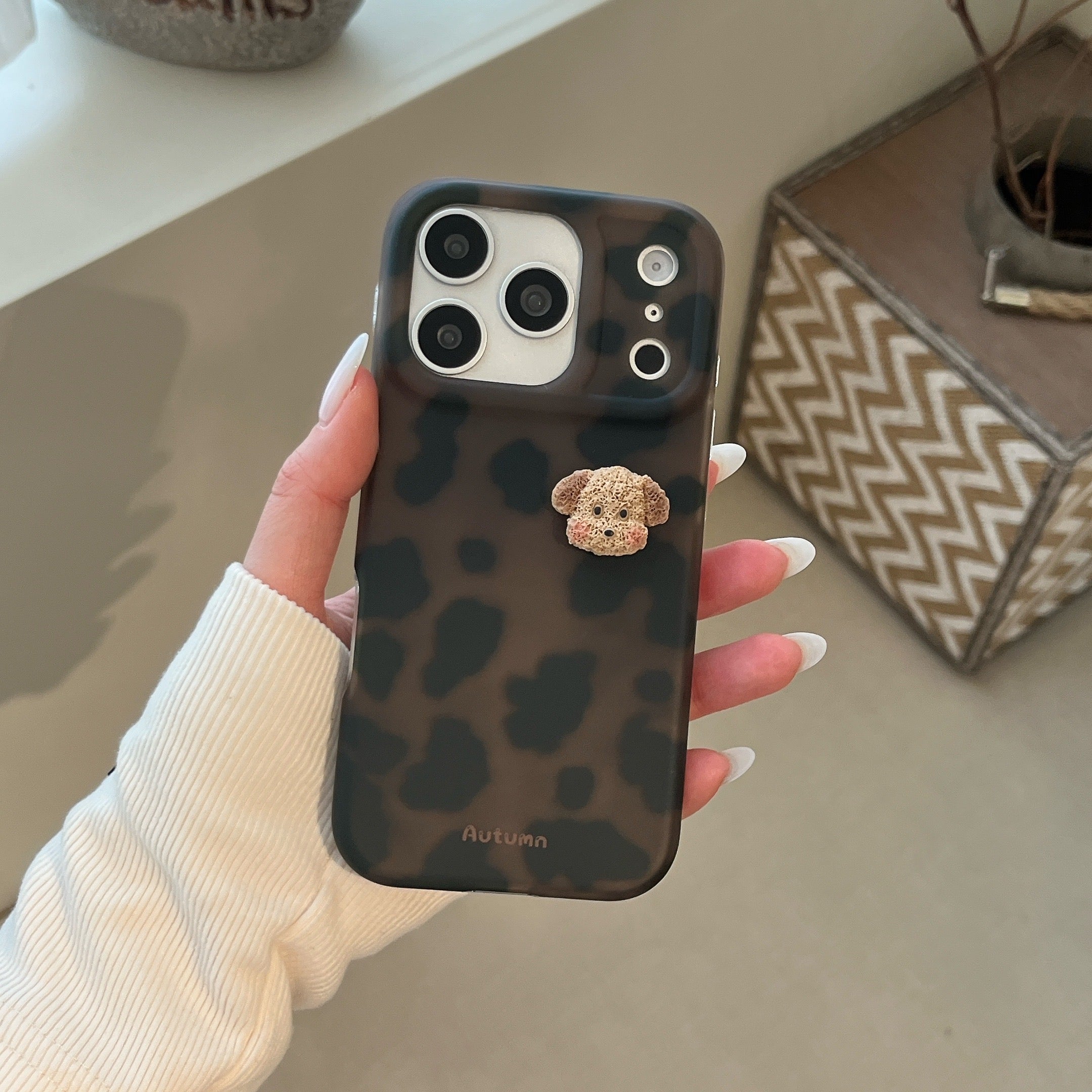 Leopard print cartoon puppy head phone case