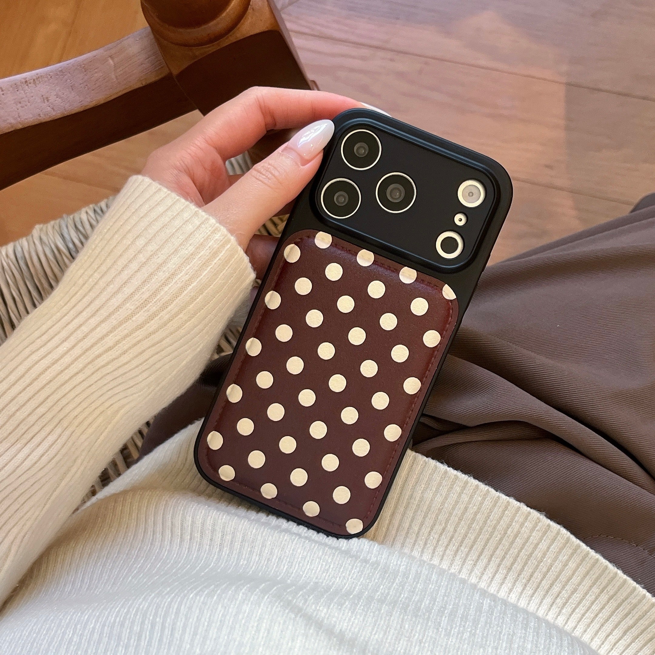 Burgundy polka dot + dog-shaped stand with large window phone case
