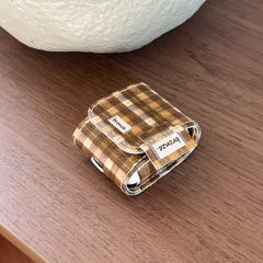 Brown plaid plush bear leather bag and earphone cover