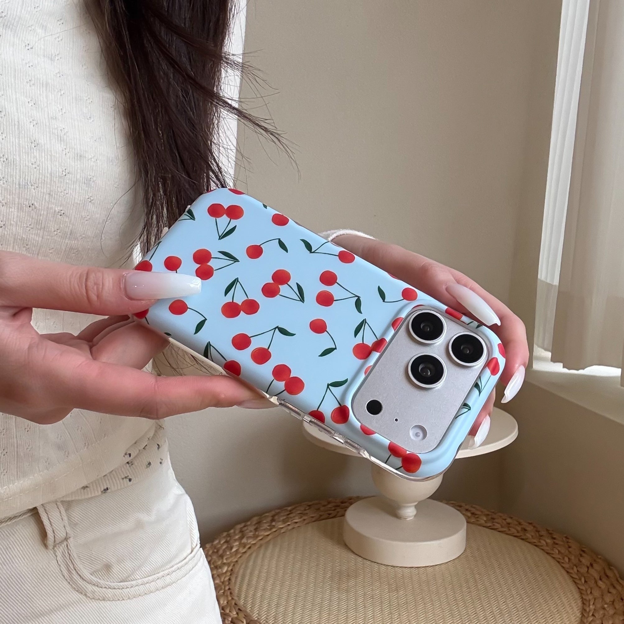 Navy Cherry Orchard Case: 360° Protective Shockproof Series for iPhone 13-17 Series | Vibrant All-Over Print Fruit Design