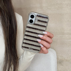 Striped 3D Pearl Bear Phone Case with Silver Edge
